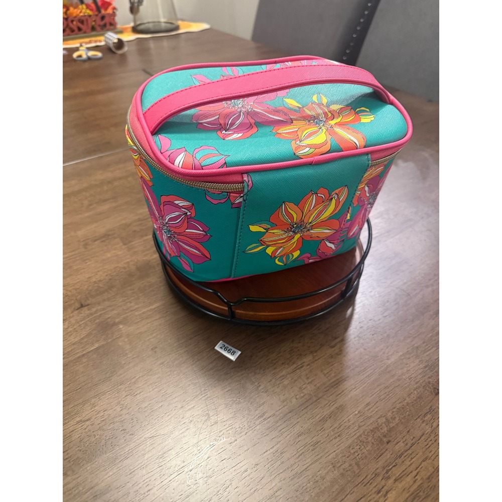 Trina Turk Teal Pink Floral Makeup Bag Vanity Case with Top Handle Gold Zipper - Picture 5 of 7